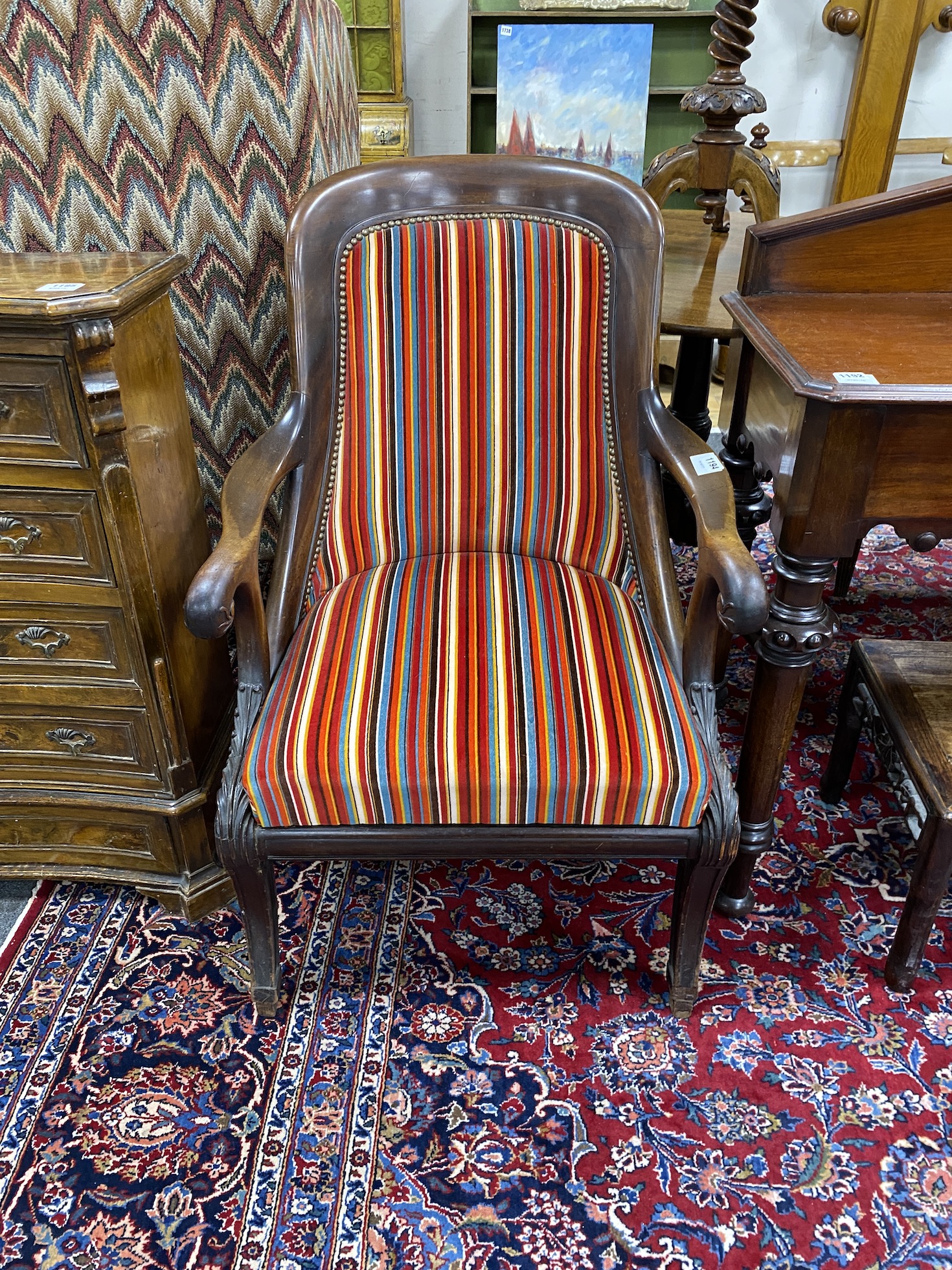 A Regency mahogany elbow chair with contemporary striped fabric upholstery, width 66cm, depth 64cm, height 95cm